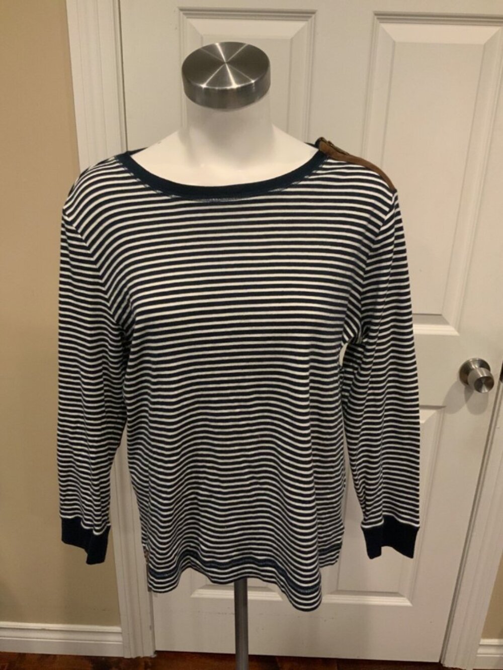 Lauren Ralph Lauren Navy Blue & White Striped Zip-Neck Shirt, Size 1XL